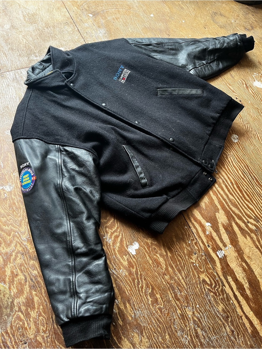 Sony Black Wool and Leather Varsity Jacket with Embroidered Patches